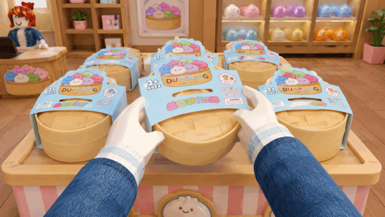 My Squishy Box Store Roblox gameplay showing mystery box shop with Dumpling Squishies